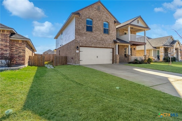 view of front facade with a balcony, brick siding, fence, concrete driveway, and a front yard