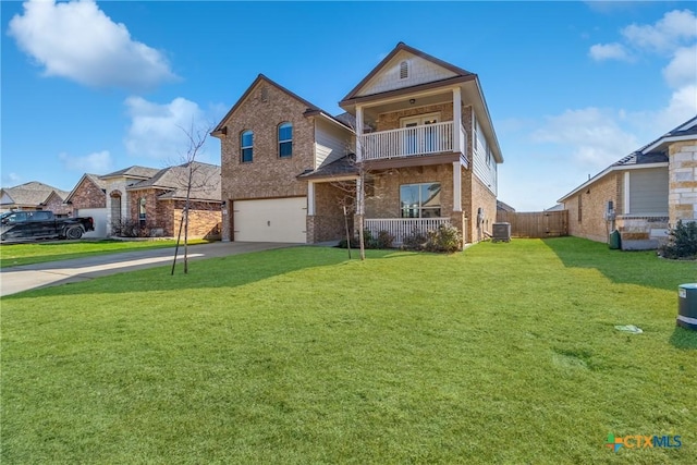 view of front of home with driveway, a garage, a balcony, central air condition unit, and a front yard