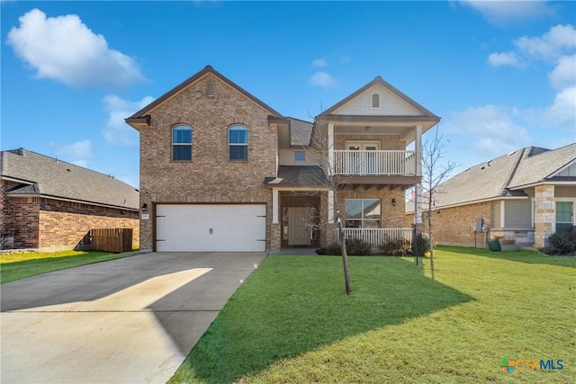 view of front of house with brick siding, a balcony, a garage, driveway, and a front lawn