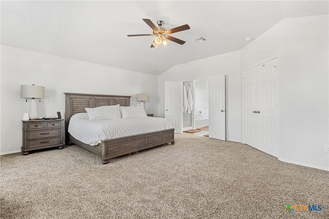 bedroom with ceiling fan, carpet flooring, visible vents, baseboards, and vaulted ceiling