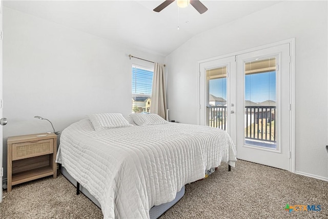 bedroom with carpet, french doors, lofted ceiling, a ceiling fan, and access to outside