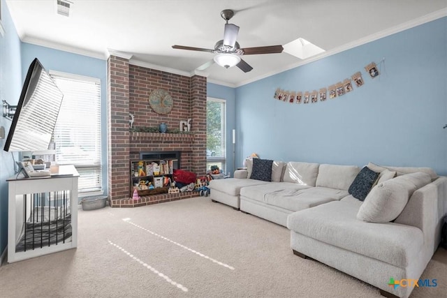 713 End O Trl, Harker Heights, TX 76548 - living room with crown molding, carpet flooring, a ceiling fan, and a brick fireplace