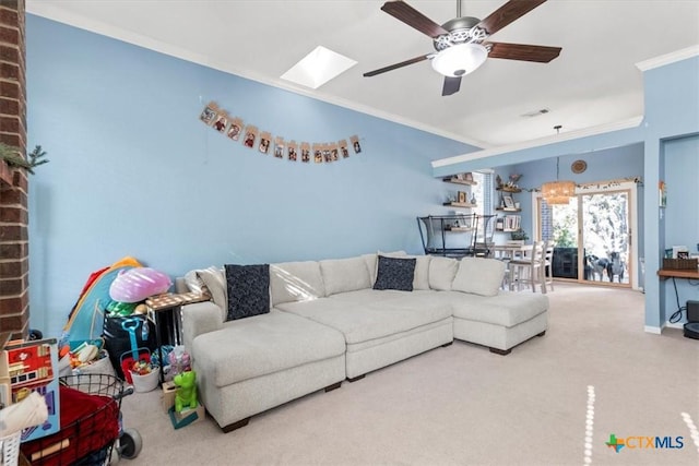 713 End O Trl, Harker Heights, TX 76548 - carpeted living room featuring ornamental molding, a ceiling fan, and a skylight