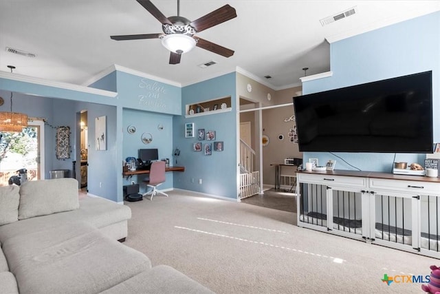 713 End O Trl, Harker Heights, TX 76548 - living area featuring a desk, ornamental molding, carpet floors, and ceiling fan