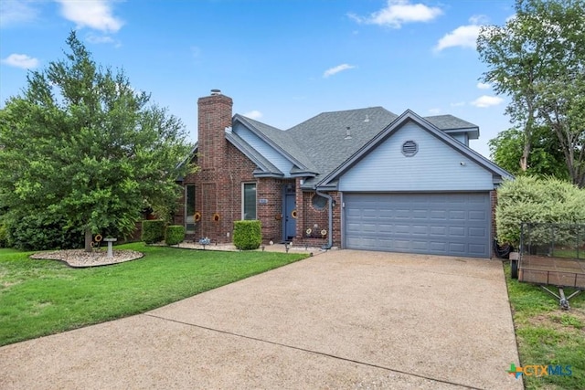 713 End O Trl, Harker Heights, TX 76548 - view of front of property with driveway, a front yard, brick siding, a chimney, and an attached garage