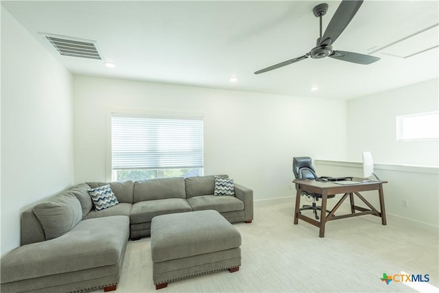 4324 Cedar Creek Rd, Temple, TX 76504 - living area featuring light colored carpet, a ceiling fan, recessed lighting, and baseboards