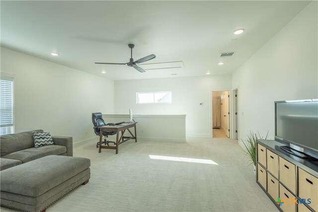 4324 Cedar Creek Rd, Temple, TX 76504 - living room featuring light colored carpet, recessed lighting, ceiling fan, and baseboards