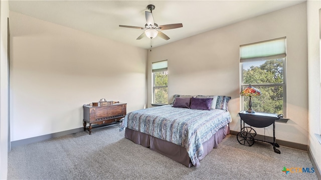 bedroom with ceiling fan and carpet flooring