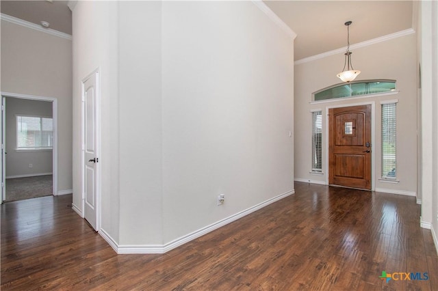 foyer featuring a high ceiling, ornamental molding, and dark hardwood / wood-style floors