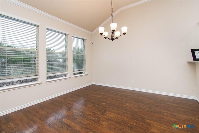 unfurnished room with a notable chandelier, lofted ceiling, dark hardwood / wood-style floors, and ornamental molding