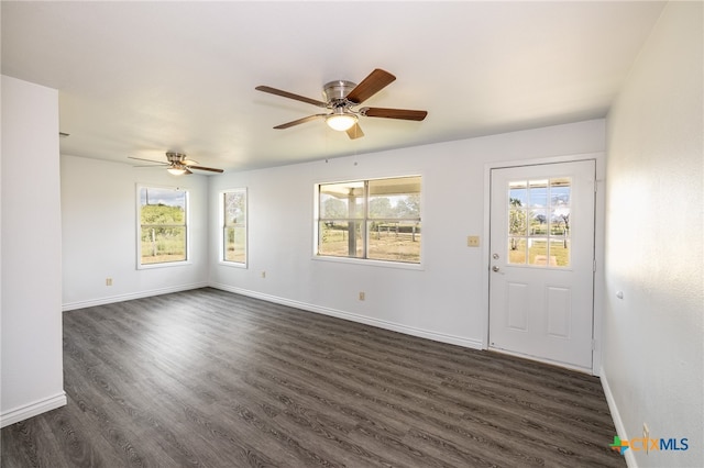 foyer entrance featuring a wealth of natural light, ceiling fan, and dark hardwood / wood-style flooring