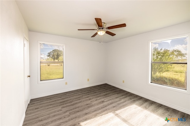 empty room featuring wood-type flooring and ceiling fan