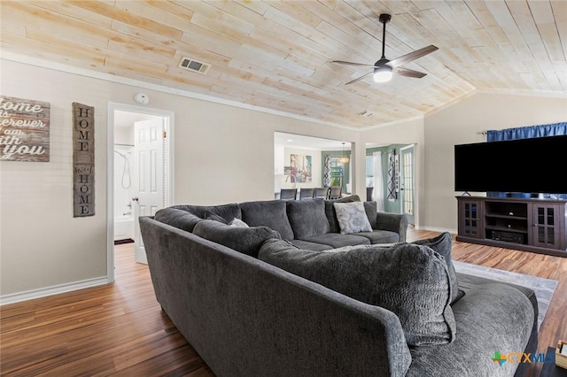 1301 Chapel Creek Rd, Waco, TX 76712 - living room with wooden ceiling, ceiling fan, wood finished floors, baseboards, and vaulted ceiling