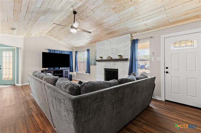 1301 Chapel Creek Rd, Waco, TX 76712 - living room with wooden ceiling, ceiling fan, dark wood-style flooring, healthy amount of natural light, and baseboards