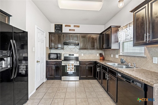 6804 Bayberry Dr, Killeen, TX 76542 - kitchen featuring black appliances, under cabinet range hood, dark brown cabinets, and decorative backsplash