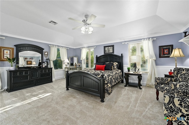 913 Southridge Rd, Salado, TX 76571 - carpeted bedroom with crown molding, a tray ceiling, and ceiling fan