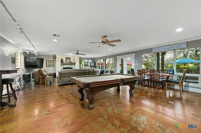 913 Southridge Rd, Salado, TX 76571 - recreation room with crown molding, recessed lighting, concrete flooring, billiards table, and ceiling fan