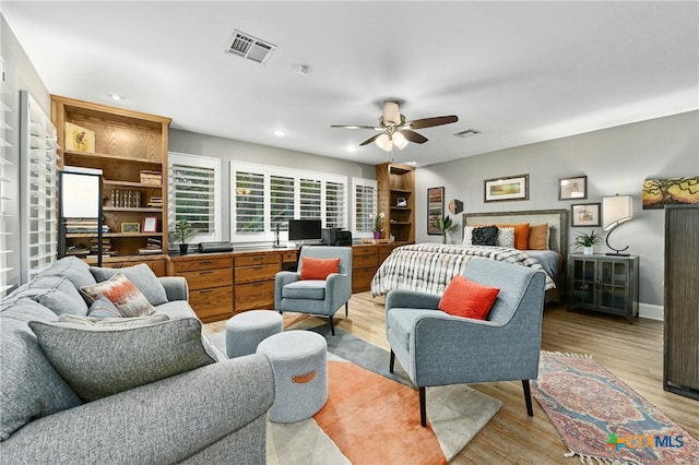 913 Southridge Rd, Salado, TX 76571 - bedroom featuring light wood-type flooring, an office area, recessed lighting, and ceiling fan
