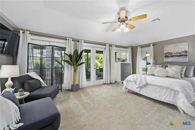 913 Southridge Rd, Salado, TX 76571 - carpeted bedroom featuring access to exterior, multiple windows, french doors, and a ceiling fan