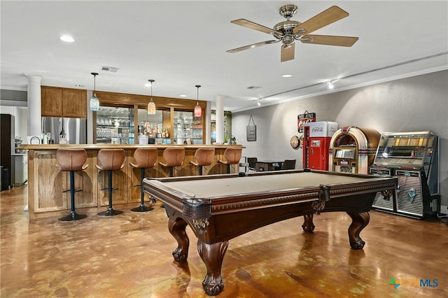 913 Southridge Rd, Salado, TX 76571 - playroom featuring concrete flooring, billiards table, bar area, ceiling fan, and recessed lighting