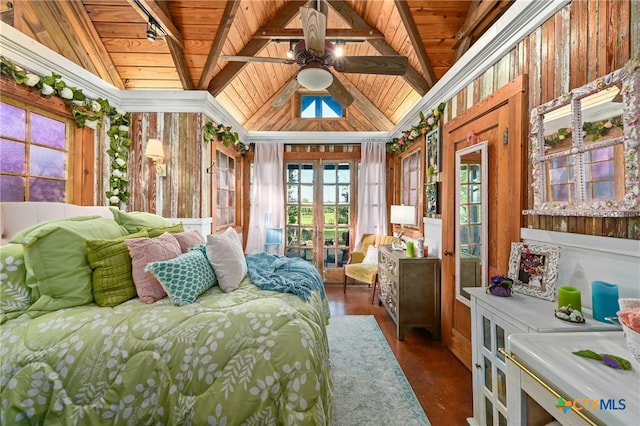 913 Southridge Rd, Salado, TX 76571 - bedroom featuring french doors, wooden walls, and wooden ceiling