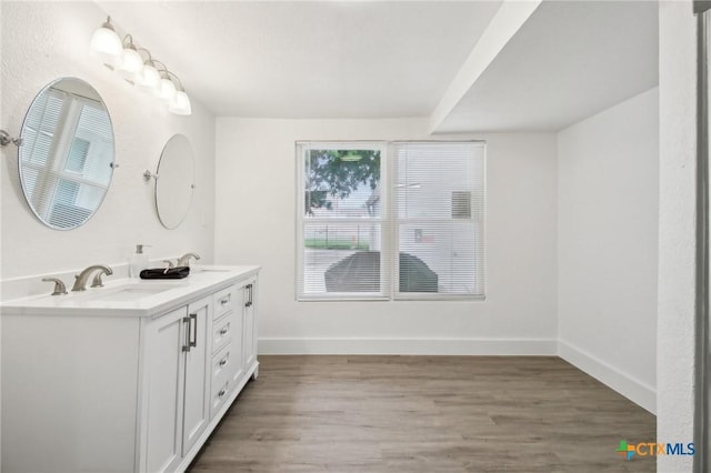 542 Williamsburg Pl, San Antonio, TX 78201 - bathroom featuring wood finished floors, double vanity, and baseboards