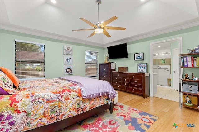 1207 Old Homestead, Seguin, TX 78155 - bedroom featuring ornamental molding, wood finished floors, a ceiling fan, ensuite bath, and recessed lighting