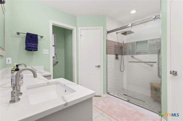 1207 Old Homestead, Seguin, TX 78155 - full bathroom with a stall shower, vanity, tile patterned flooring, and recessed lighting