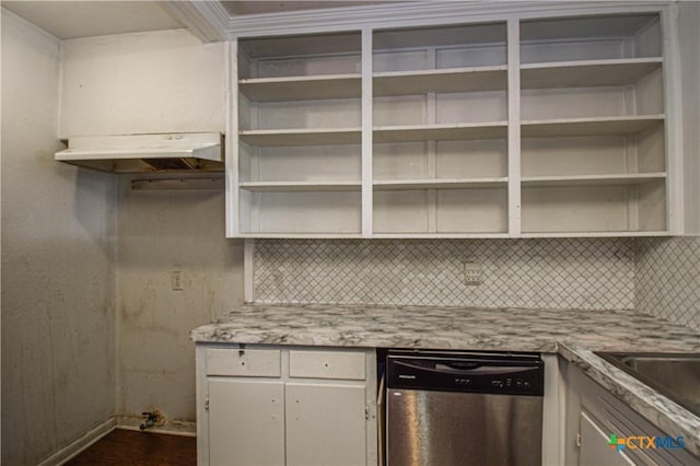202 Margaret Lee St, Copperas Cove, TX 76522 - kitchen featuring dishwasher, open shelves, tasteful backsplash, and under cabinet range hood