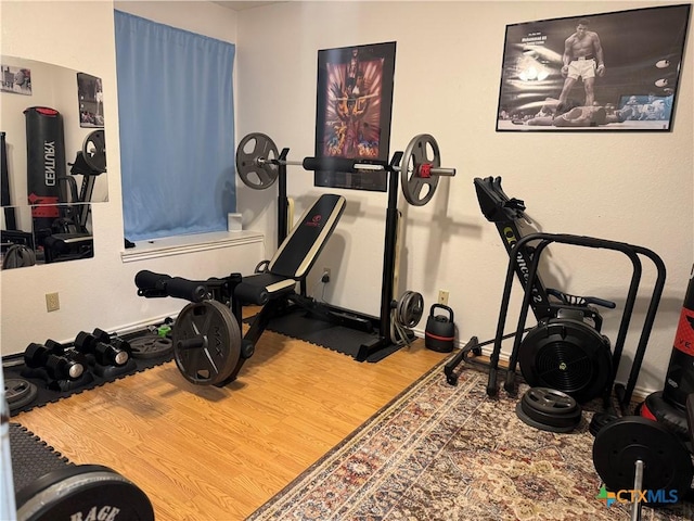 exercise room with wood finished floors