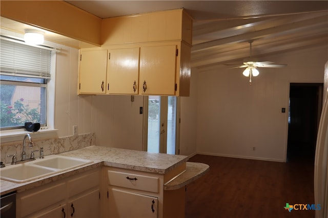 kitchen featuring sink, ceiling fan, black dishwasher, dark hardwood / wood-style flooring, and kitchen peninsula