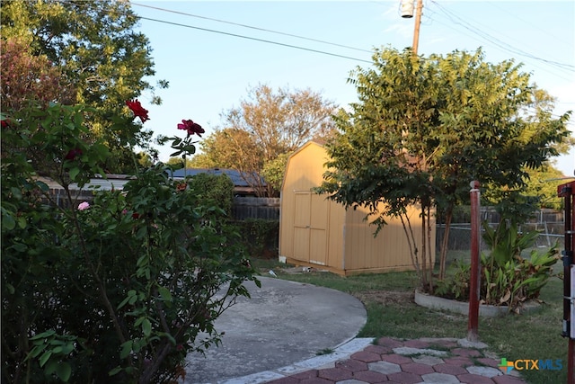 view of yard with a patio area and a storage shed