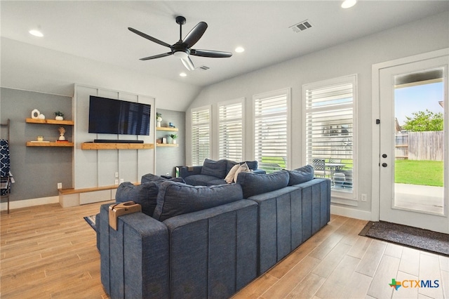 1911 Peres St, New Braunfels, TX 78132 - living room featuring light wood finished floors, a ceiling fan, recessed lighting, baseboards, and lofted ceiling