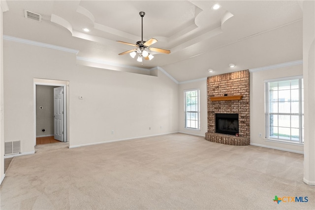 3102 Wisteria Ln, Killeen, TX 76549 - unfurnished living room featuring ornamental molding, plenty of natural light, ceiling fan, light colored carpet, and recessed lighting