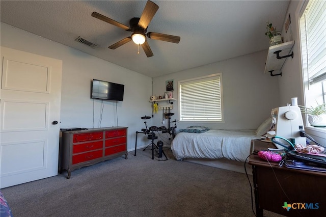 108 Elaine St, Victoria, TX 77904 - carpeted bedroom featuring vaulted ceiling, visible vents, a ceiling fan, and multiple windows