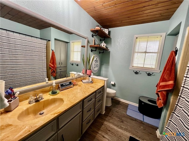 108 Elaine St, Victoria, TX 77904 - full bath with wood finished floors, toilet, vanity, wooden ceiling, and baseboards