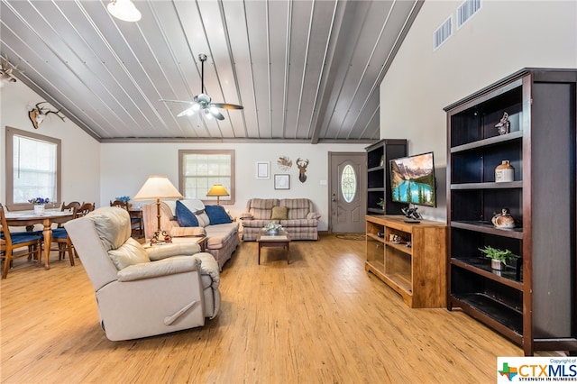 living room with crown molding, wooden ceiling, ceiling fan, and light hardwood / wood-style flooring