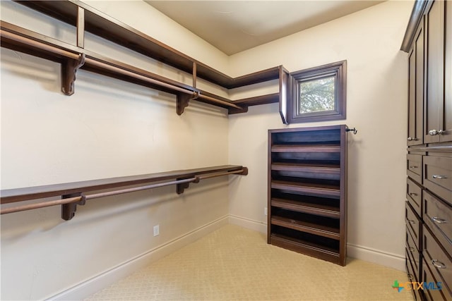 walk in closet featuring light carpet