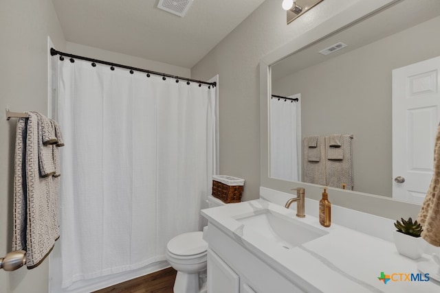 bathroom with vanity, wood-type flooring, and toilet