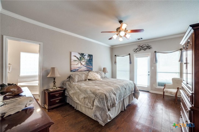 bedroom with dark hardwood / wood-style flooring, access to exterior, and crown molding