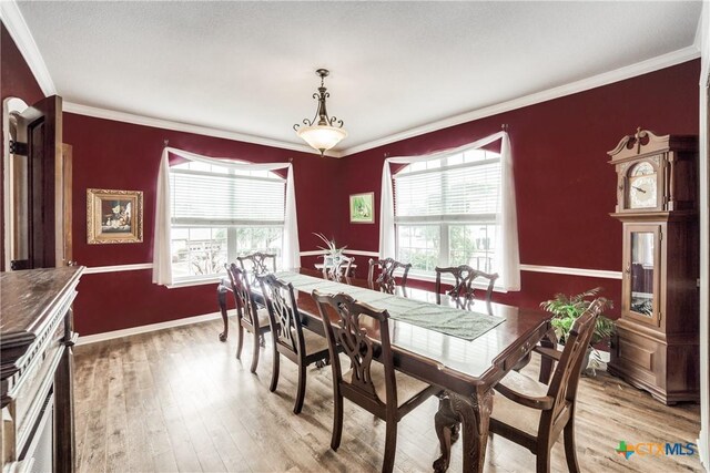 dining area featuring ornamental molding and wood-type flooring