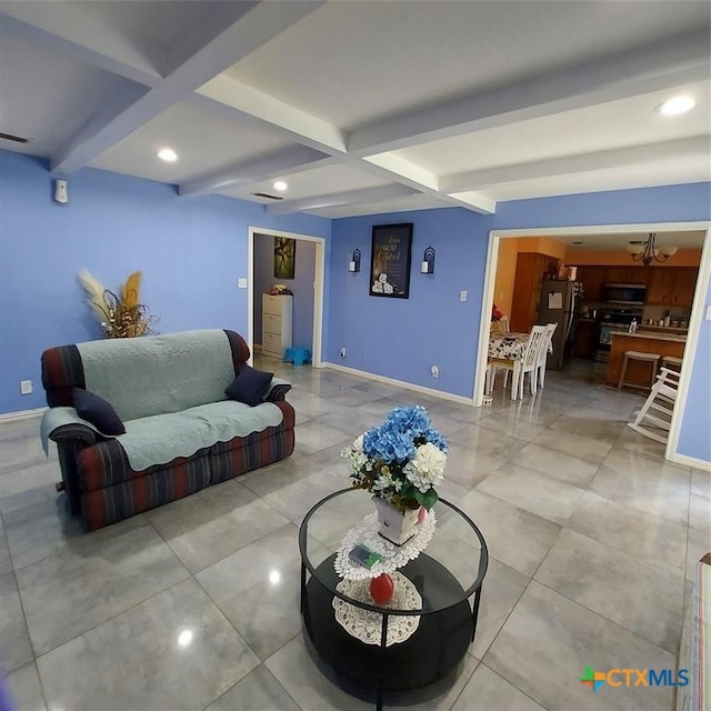 living room with beamed ceiling and coffered ceiling