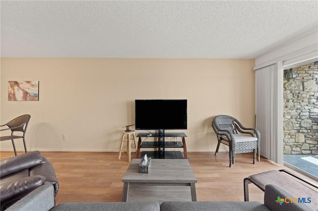 living area featuring a textured ceiling, wood finished floors, and baseboards