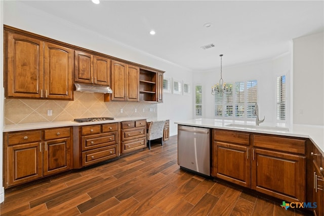 815 Lost Maples Trl, Georgetown, TX 78633 - kitchen featuring appliances with stainless steel finishes, a sink, a chandelier, under cabinet range hood, and open shelves