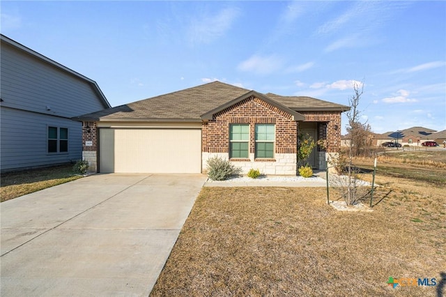 ranch-style home with a garage and a front yard