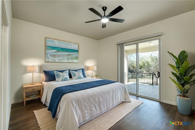 bedroom with dark wood-style floors, baseboards, access to exterior, and a ceiling fan