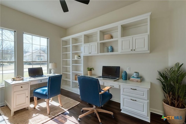 office with dark wood-style floors, ceiling fan, and baseboards