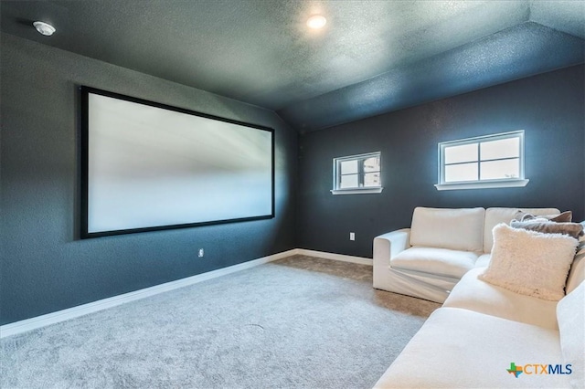 288 Smithsonian Ln, Kyle, TX 78640 - carpeted home theater room featuring vaulted ceiling, baseboards, and a textured ceiling