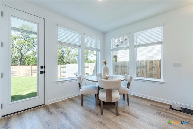 288 Smithsonian Ln, Kyle, TX 78640 - dining space with baseboards, a healthy amount of sunlight, and wood finished floors