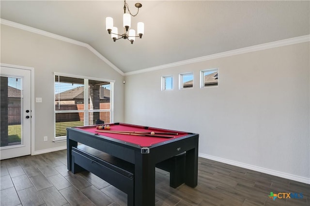 recreation room featuring lofted ceiling, ornamental molding, billiards, and a chandelier